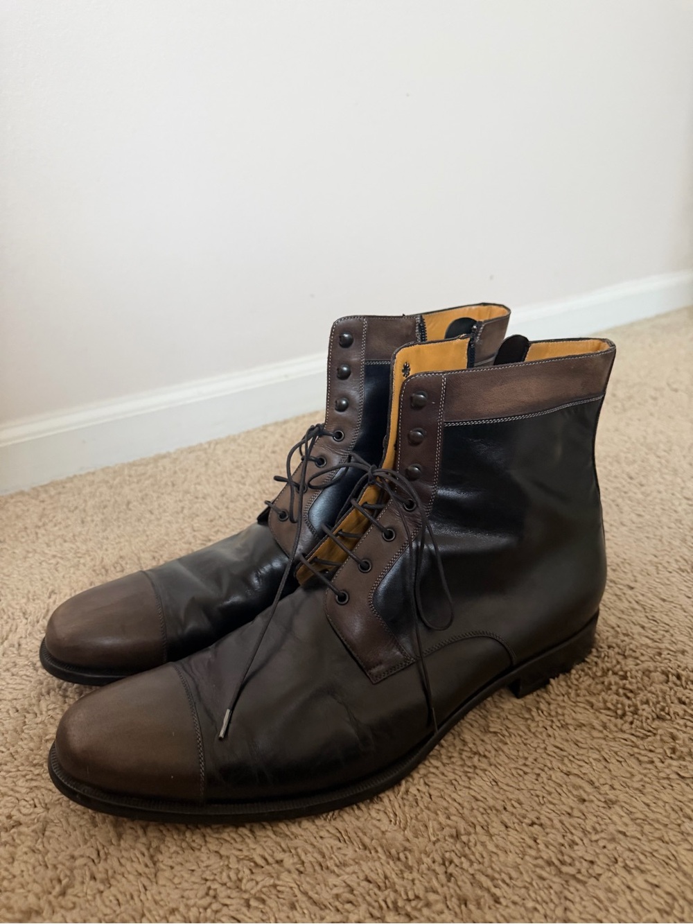 a. testoni Black and Brown Leather Lace-Up Ankle Boots Size 11.5
